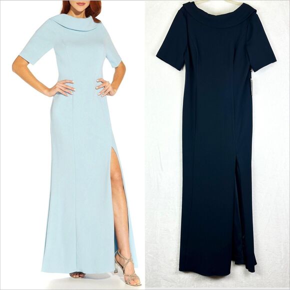 Adrianna Papell Roll Neck Knit Crepe Gown Size 16 New Midnight Navy Formal - Picture 1 of 8